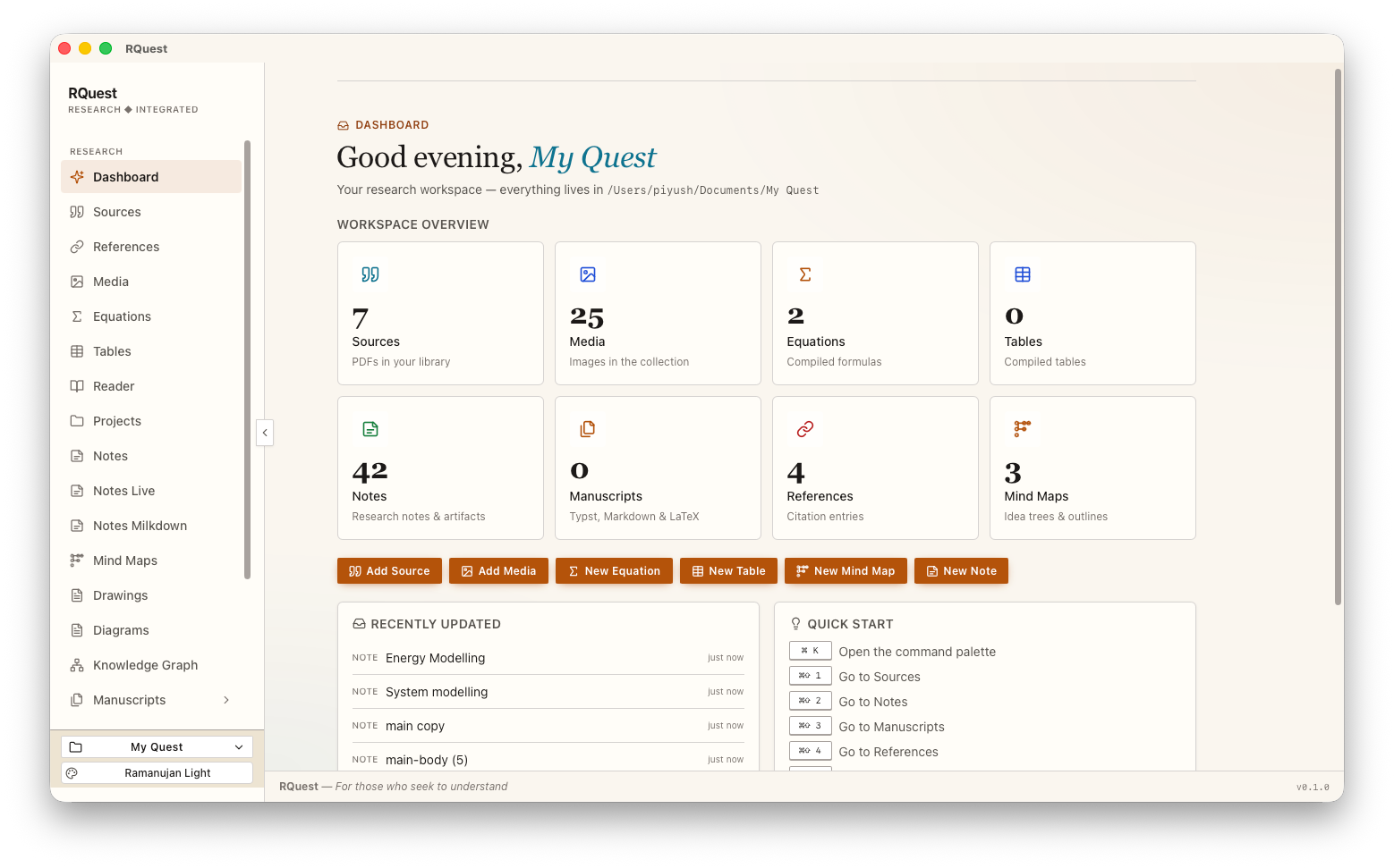 RQuest Pro research workspace showing sources, a paper, notes and a knowledge graph